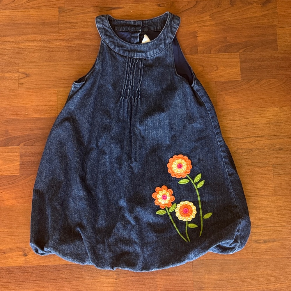 Denim Sleeveless Dress with Floral Embroidery